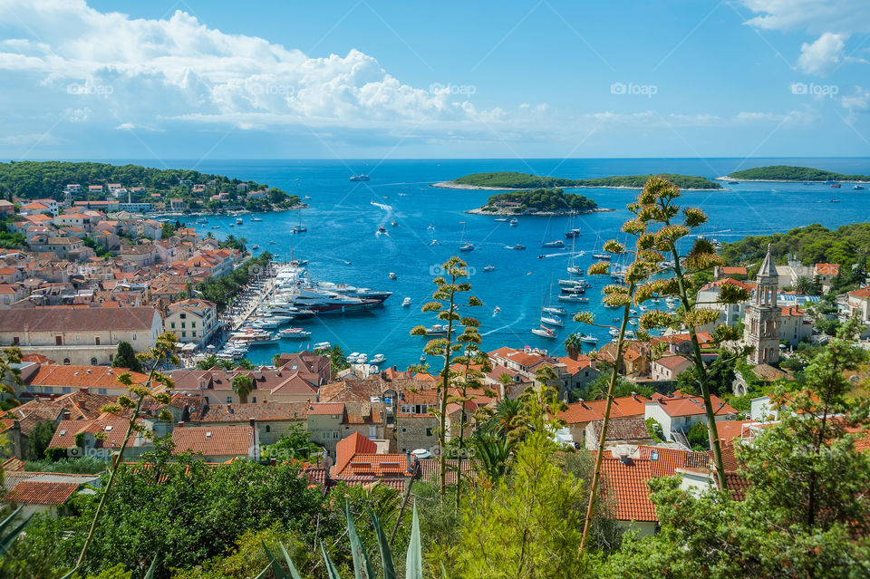 View from Fortress Spanjola at Hvar downtown with busy harbor. Island of Hvar. Croatia. Europe.