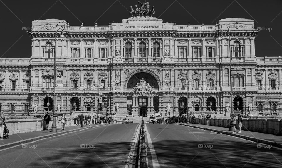 Black and white landscape view with an old building