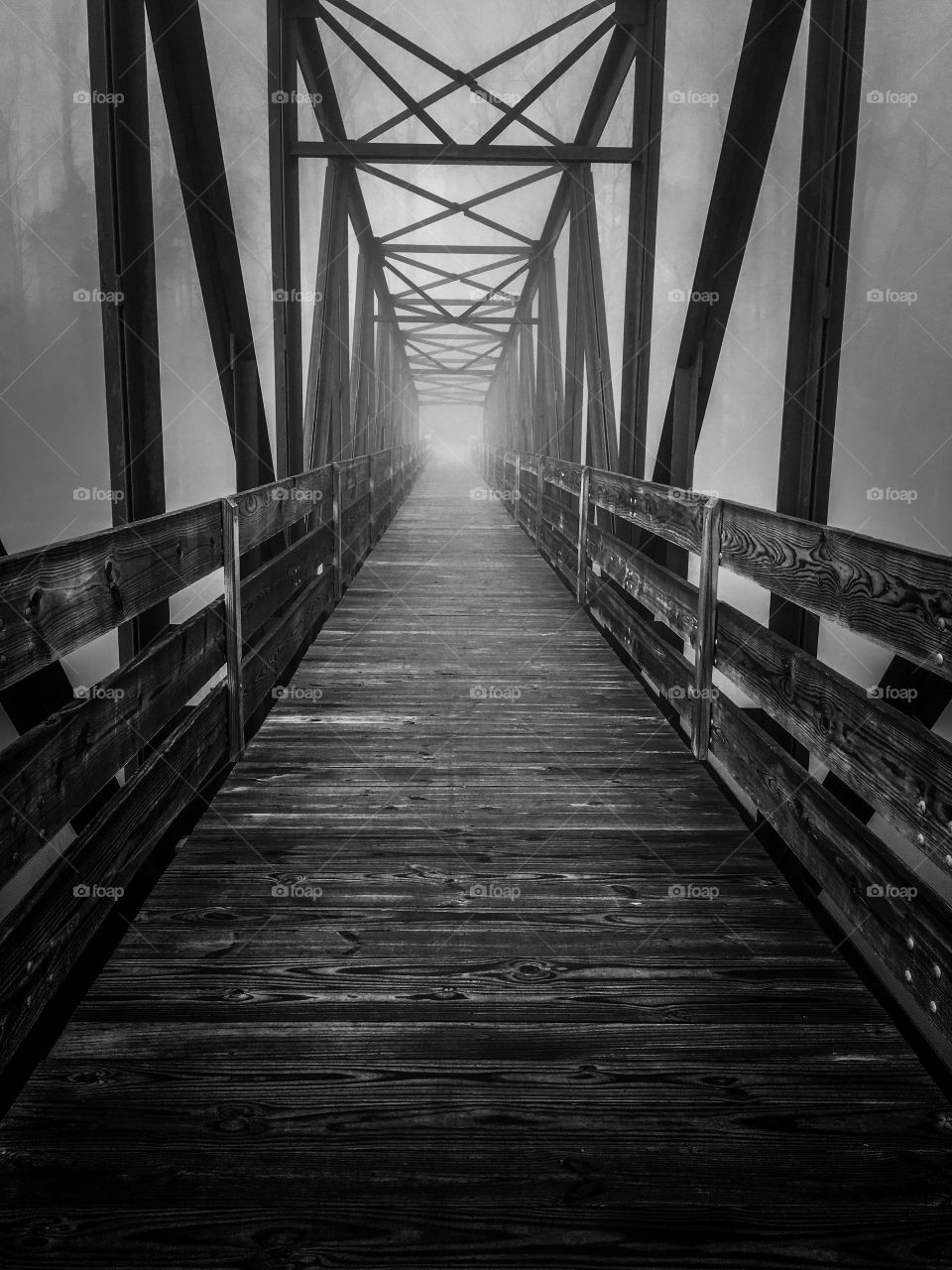 The fog during the morning twilight made for a spooky or creepy ambiance along an old truss footbridge at Tims Ford State Park in Winchester Tennessee. 