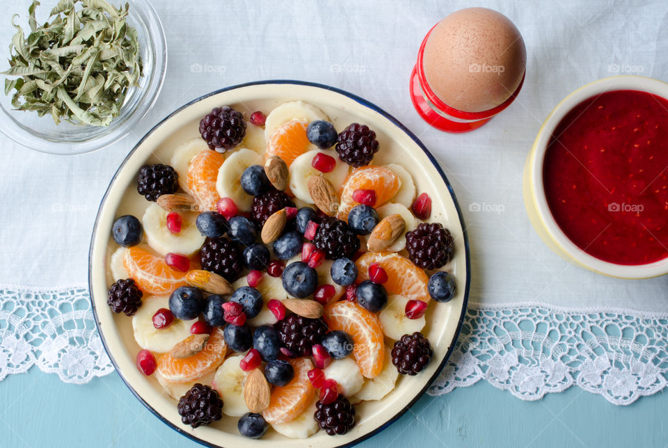 Healthy fruit and egg breakfast