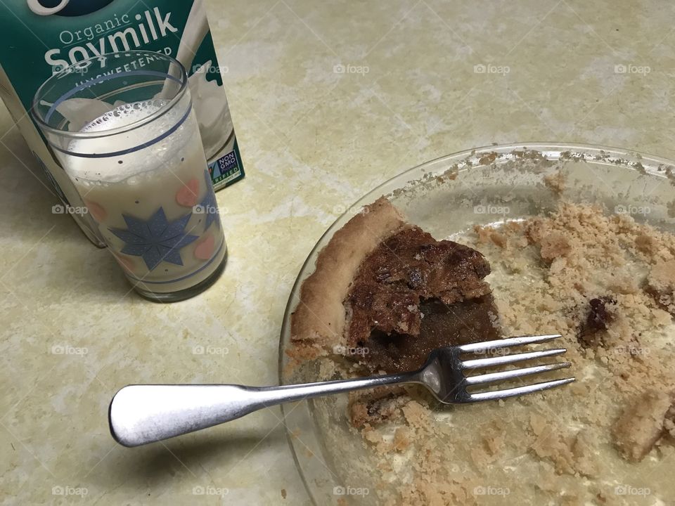 Eating leftover pecan pie with soy milk