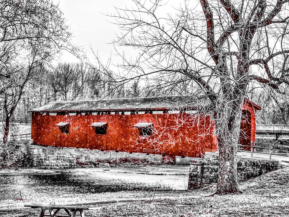 Covered bridge with snow. 