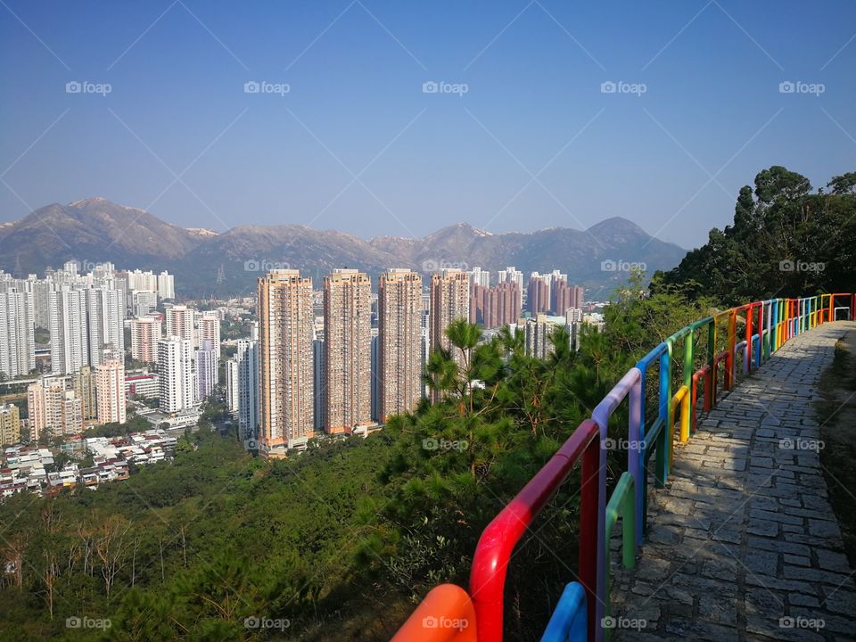 Rainbow railing in the mountains