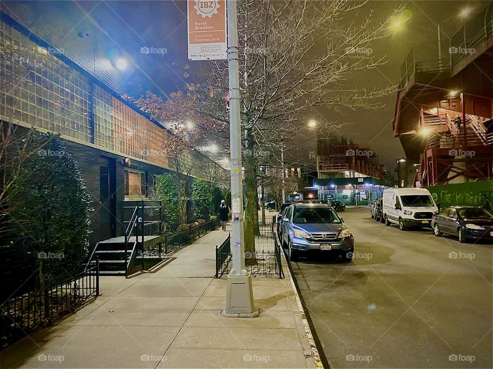 A streamlined elegant composition of images combines in this rendition of a homecoming at night to our boat on a January 2023 evening. I am walking down the road to the „Pulaski Bridge“. at night. 2023. Hypnotic Productions