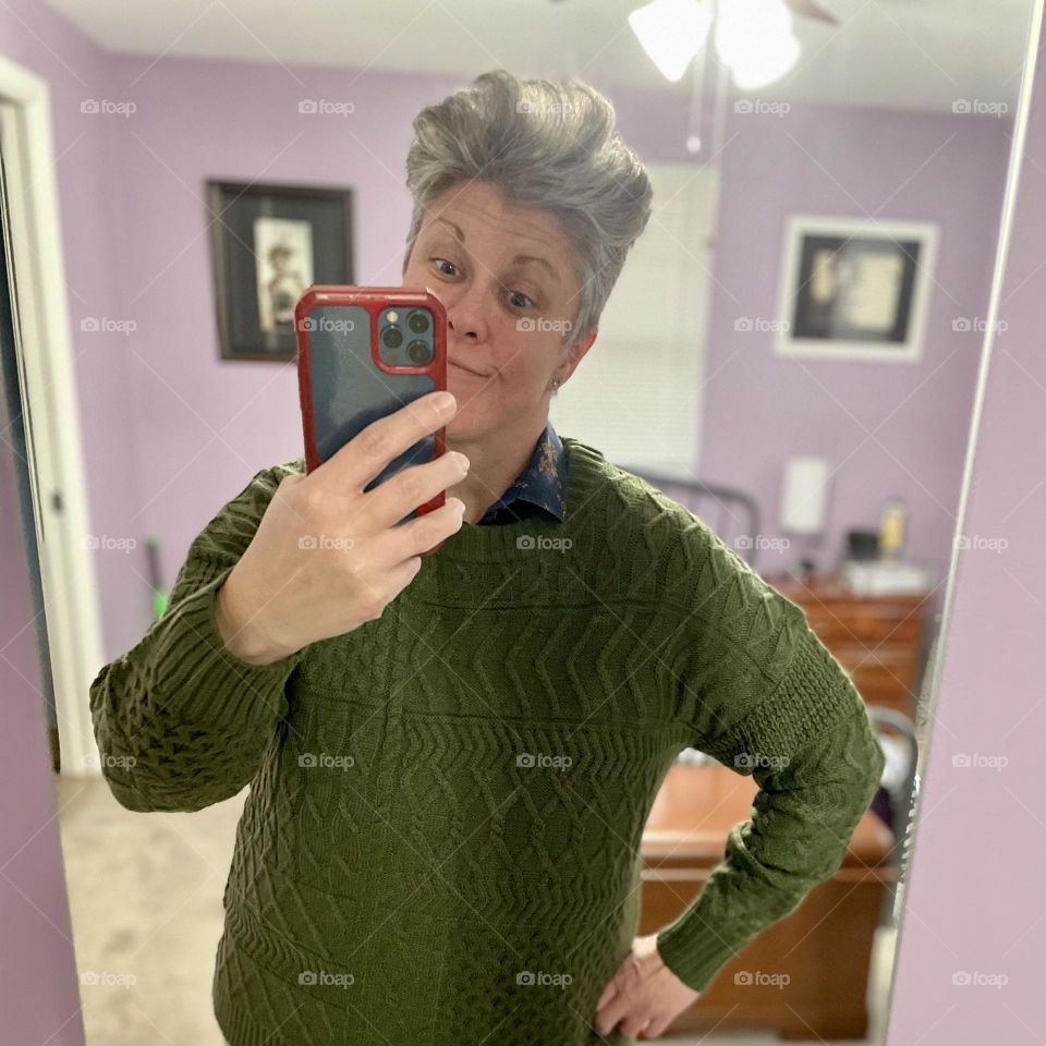 Dressing up and taking selfies, getting ready for a party, Christmas party sweater 