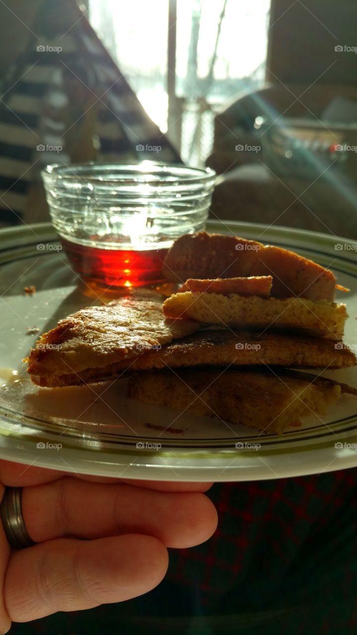 homemade French Texas toast sticks with sunlight and true michigan maple syrup no thumb