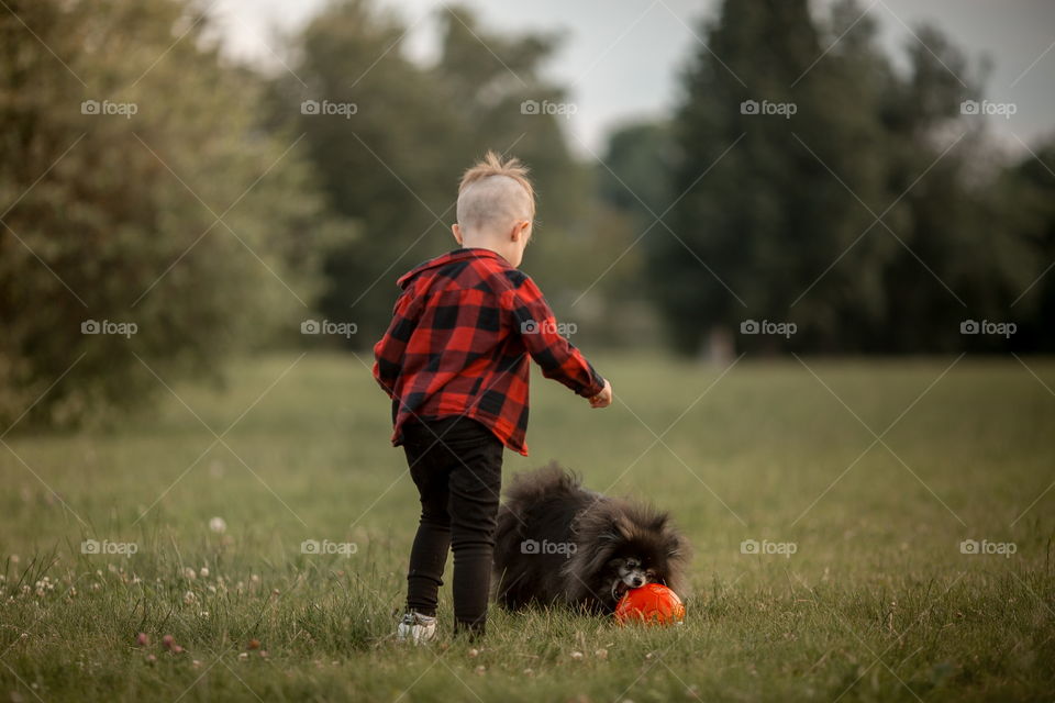 Little boy playing with his dog in soccer in a park 