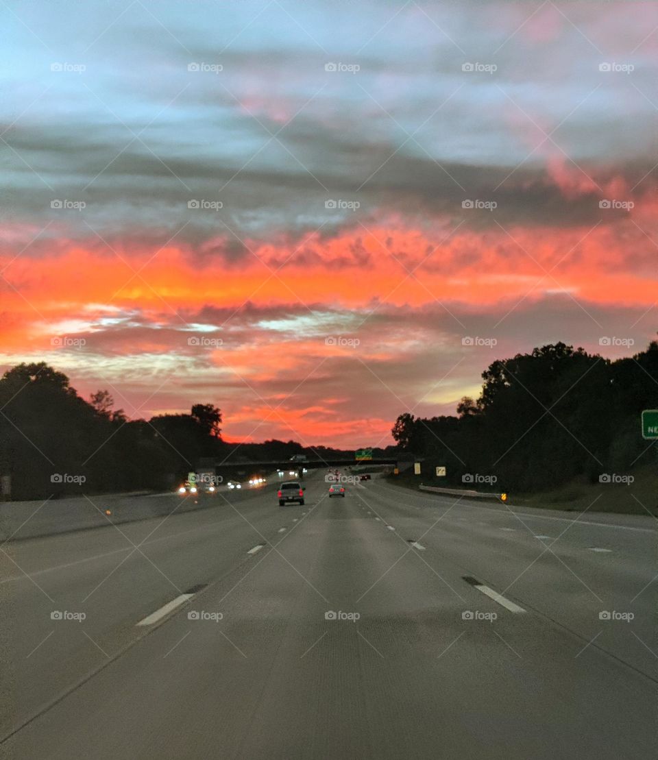 Fiery sunset over the highway