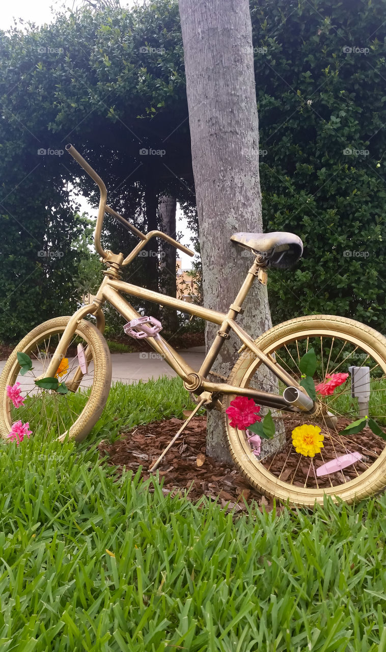 bike adorned with flowers laying  beside a palm