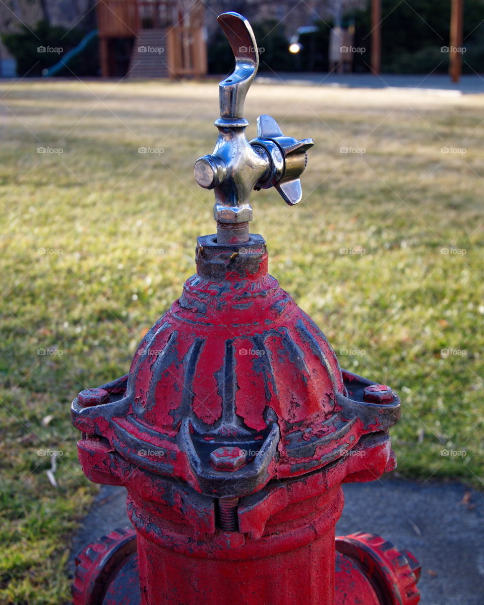 An old red fire hydrant has been converted into a humorous looking water fountain in a small town park. 