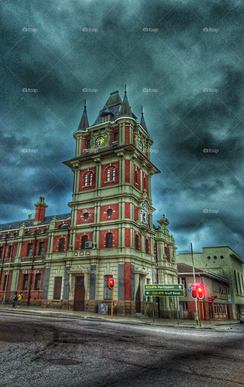 Gorgeous old building in the heart of Uitenhage South Africa during a stormy evening. Taken with HDR settings with a moody feel on a Sony Xperia XA1.