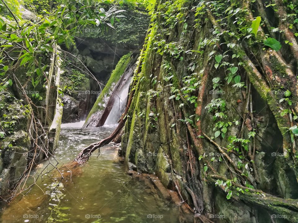 little waterfall in the tropical rainforest. Travel destinations in Thailand.