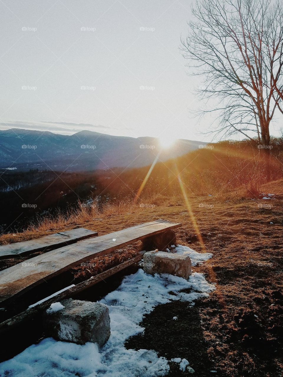 Sunset in a valley, sunset in the mountains, sunset in the forest, winter sunset, winter sun, first snow, viewpoint 