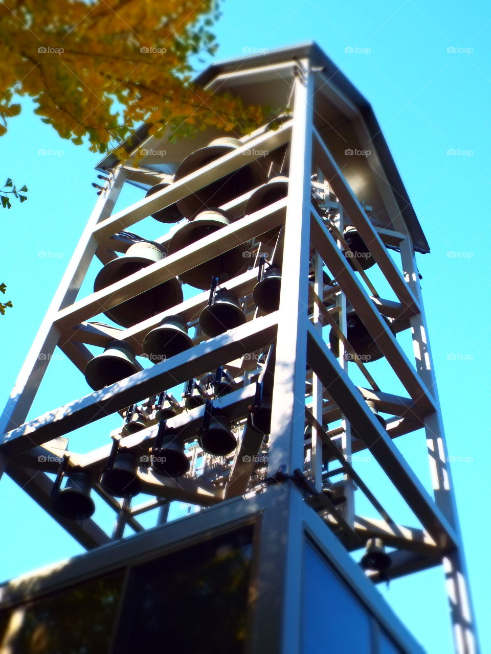 Low angle view of bells in tower