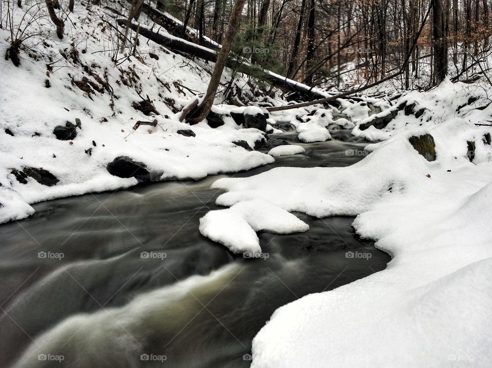 Snowy forest stream 