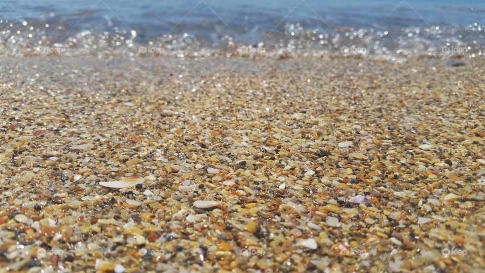 shinny small rocks and sea shells on the beach