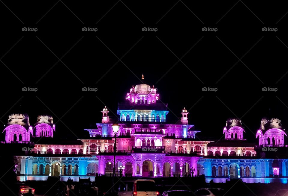 Night view with colorful lightings of Indian monument