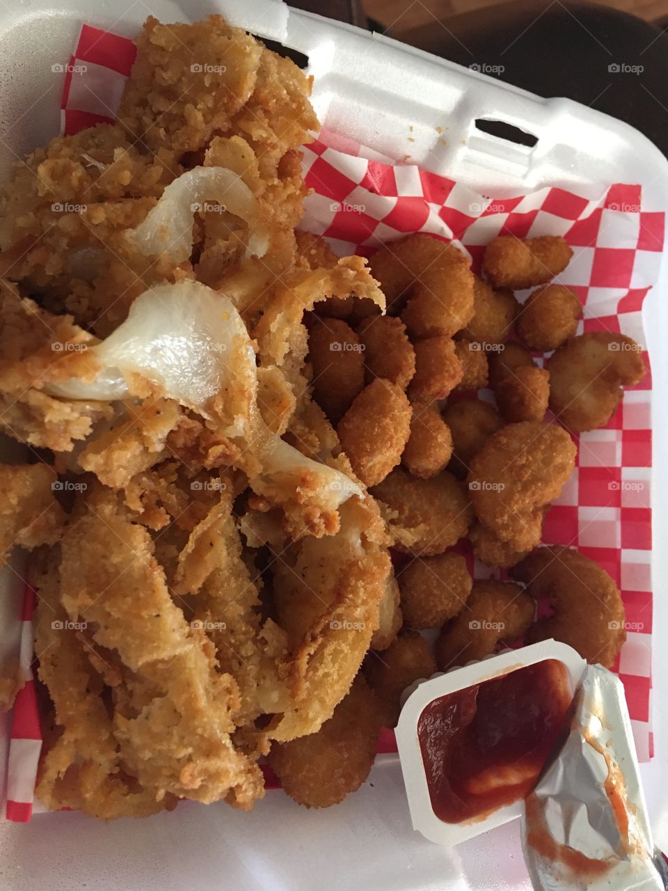 Shrimp dinner with onion rings. Friday special at our local family diner. Good stuff!