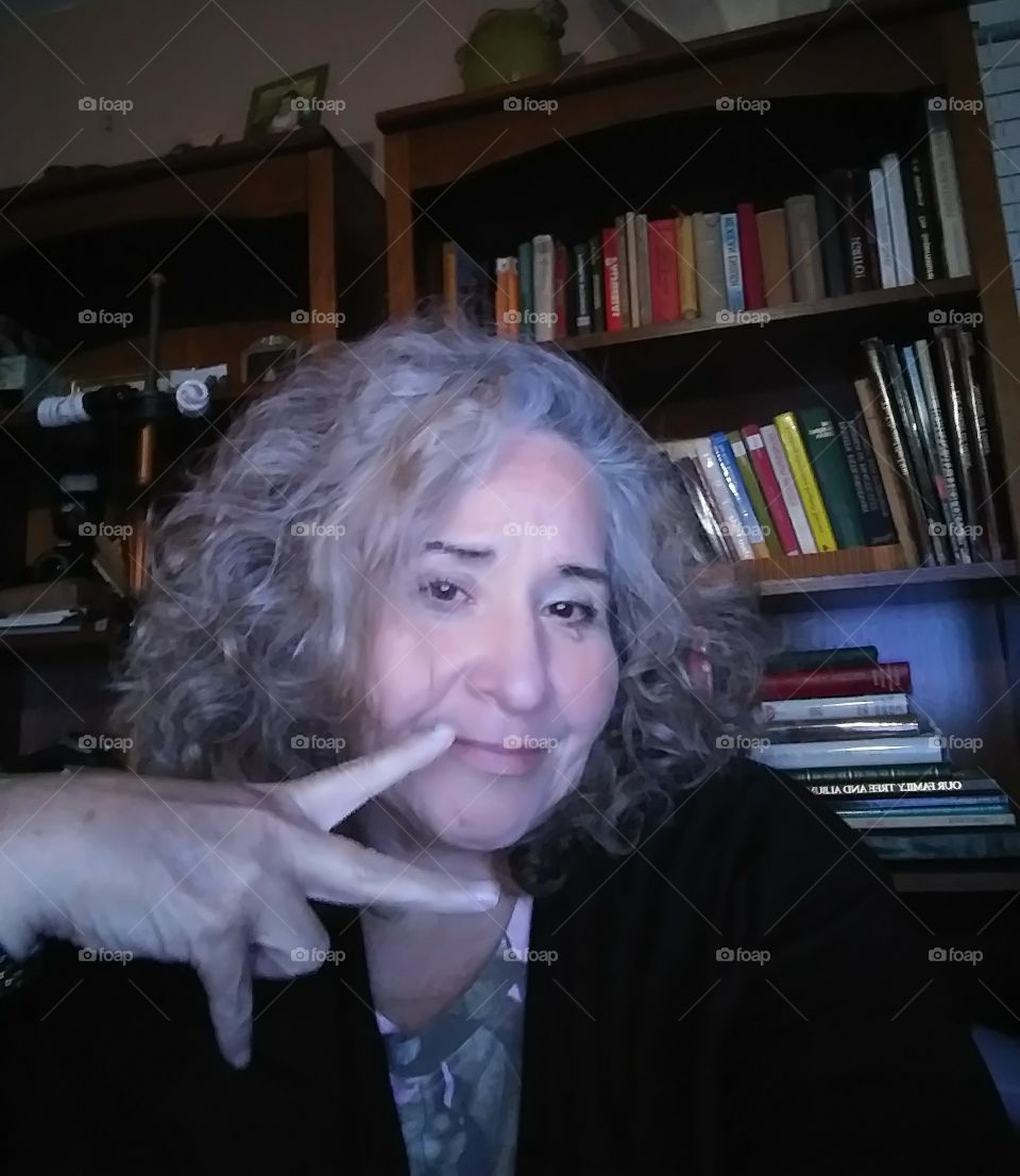 wild hair, peace out, older lady