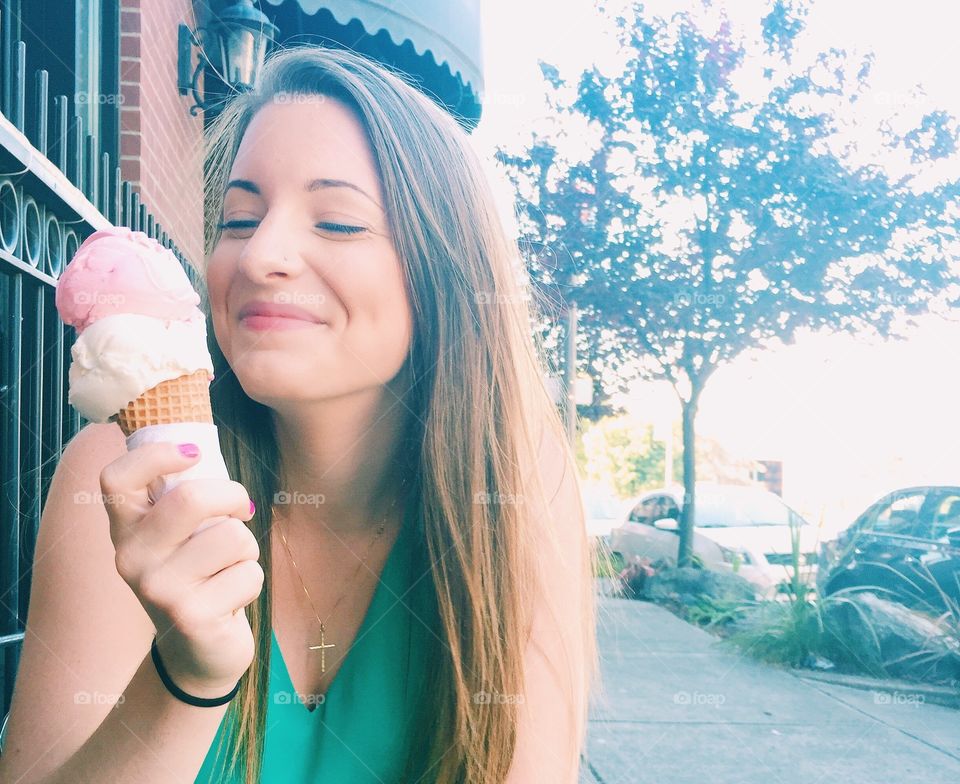 All Smiles & Ice Cream. Enjoying strawberry and coconut ice cream in Fairhaven Village in Bellingham, WA
