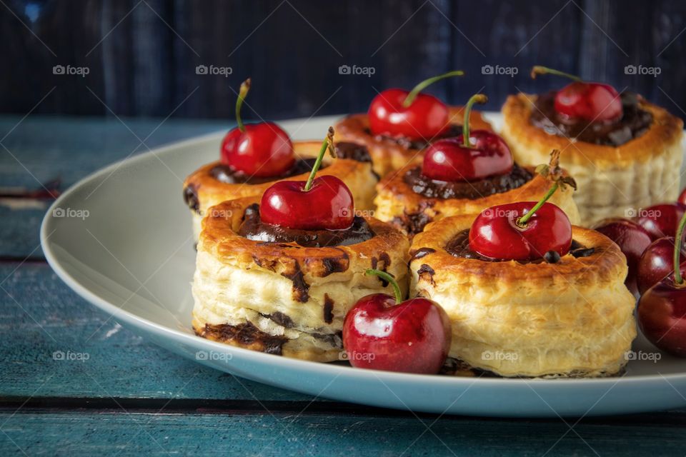 Chocolate vol au vent with cherries