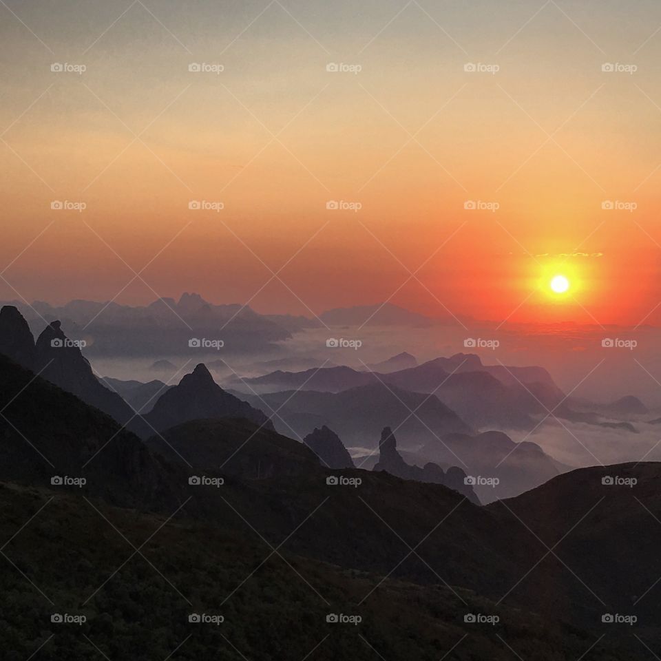 Sun rising in the mountains of Rio de Janeiro, Brazil