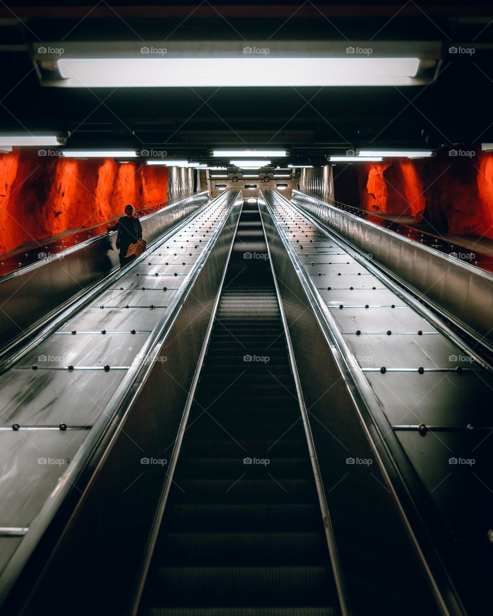 Looking up an escalator in the subway 