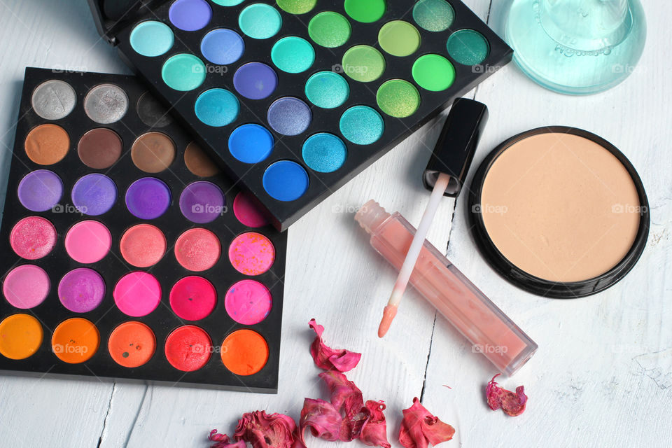 Cosmetics, makeup, ink, foundation, powder, blush, lipstick, personal care, perfume, beauty salon, female beauty, paint, palette, palette of shadows, palette for eyes, flower petals