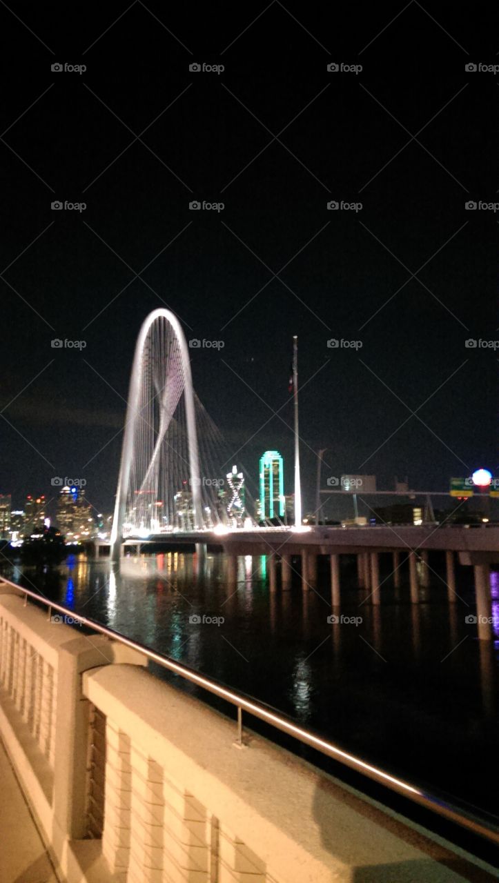 Margaret Hunt Hill Bridge. At night, Trinity river flooding in May 2015