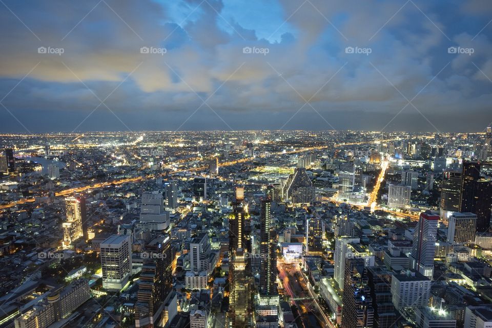 Night view of big city , Bangkok Thailand from king power mahanakhon roof top skywalk , a new traveling place for photography