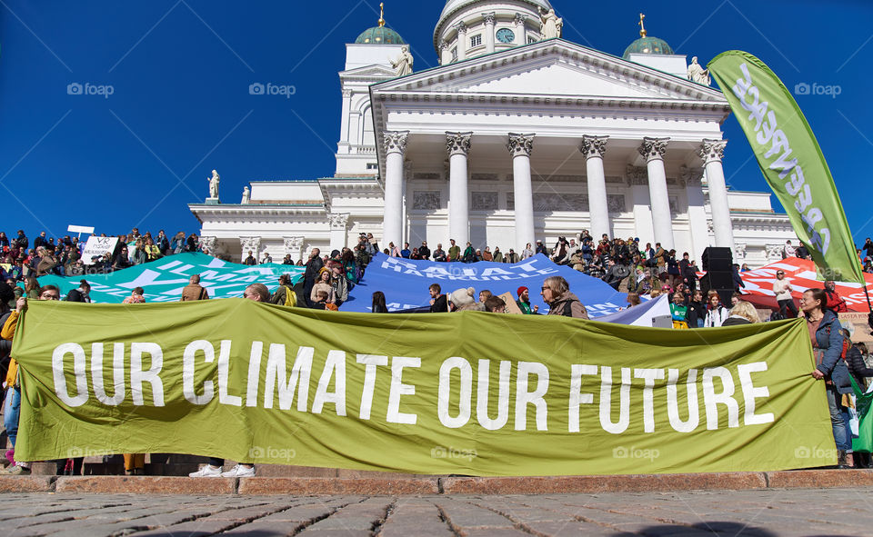 Helsinki, Finland - April 6, 2019: March and demonstration against climate change (Ilmastomarssi) in downtown Helsinki, Finland attended by more than 10000 people. 