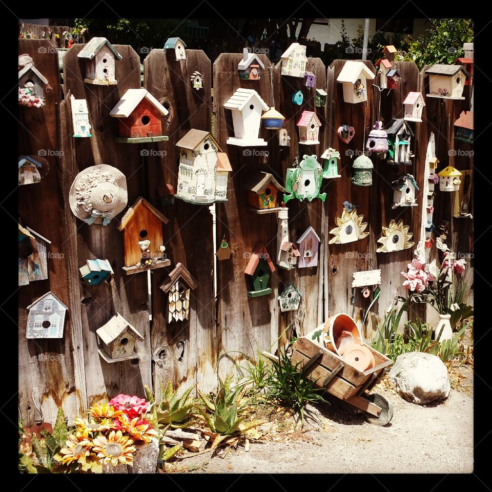 collection of birdhouses. a country fence displaying a collection of birdhouses in Paso Robles, CA