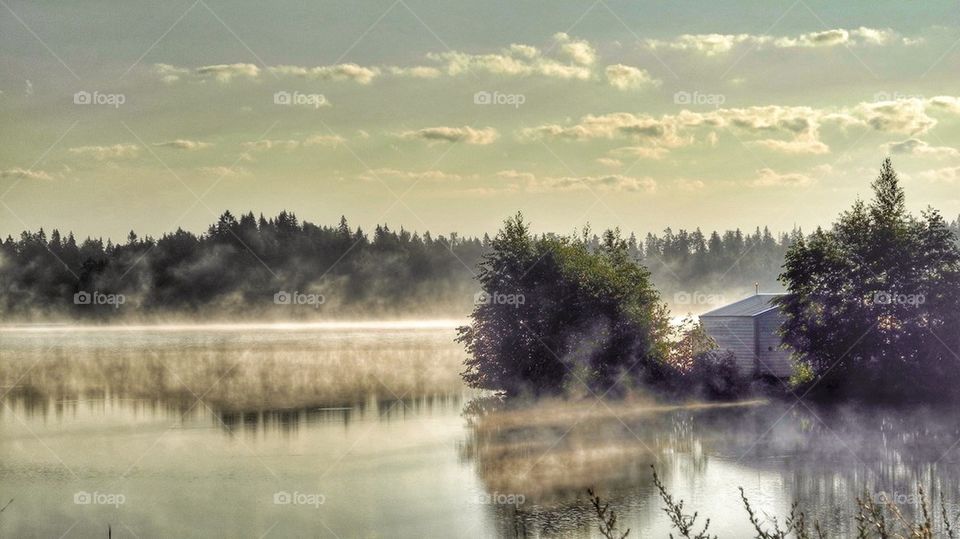 Morning mist over idyllic lake