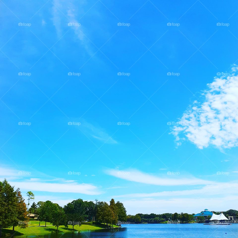 A beautiful blue sky and blue water at Cranes Roost Park in Altamonte Springs, Florida. The lake is surrounded on one side by trees. And an amphitheatre on the other.