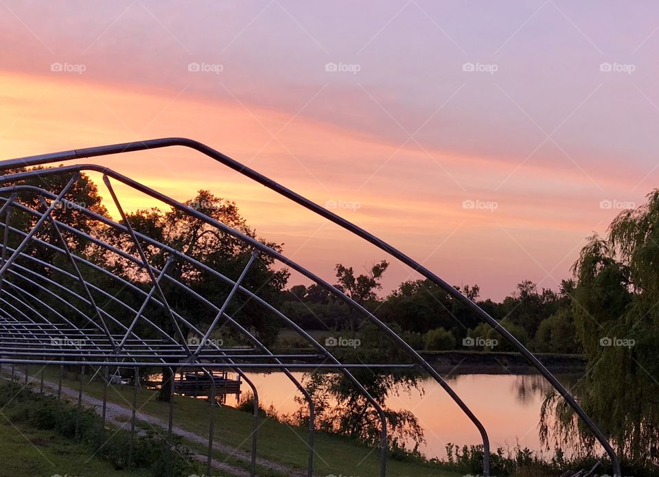 Green House, High Tunnel, Under Construction, Building, Sunset, Holiday Lake, Missouri, Lafayette County, Steel, Lake, Reflection, Grass, Dock