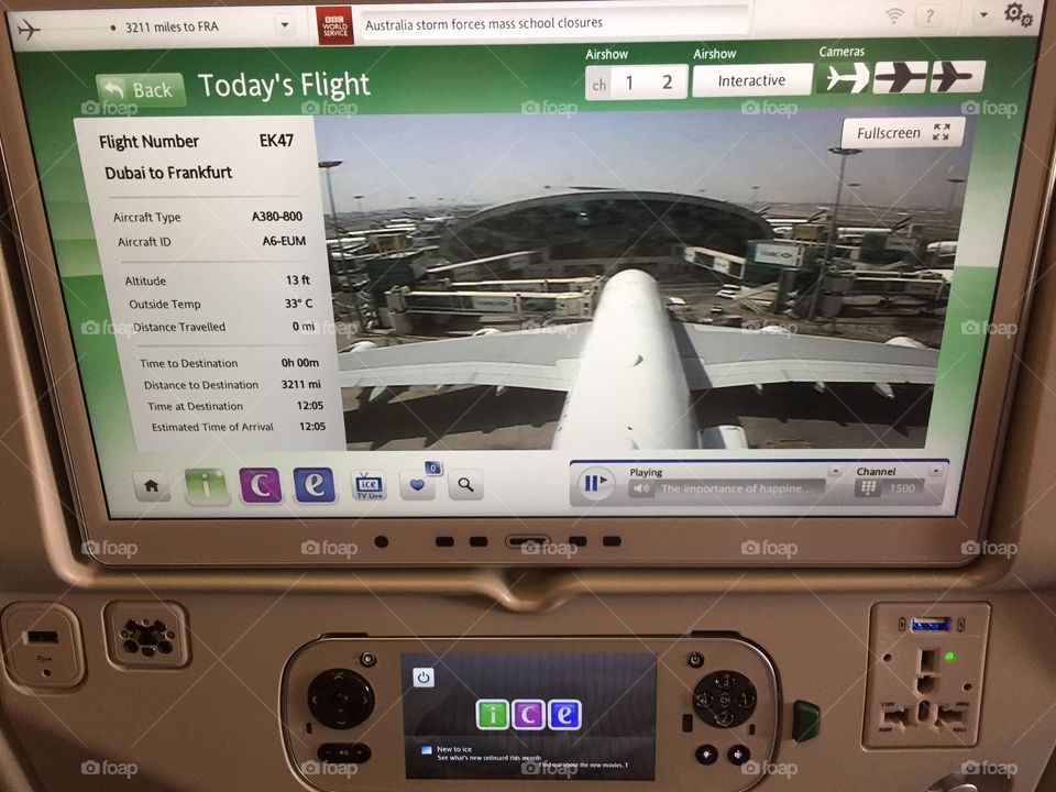 Info screen of an Airbus 380 of emirates airline