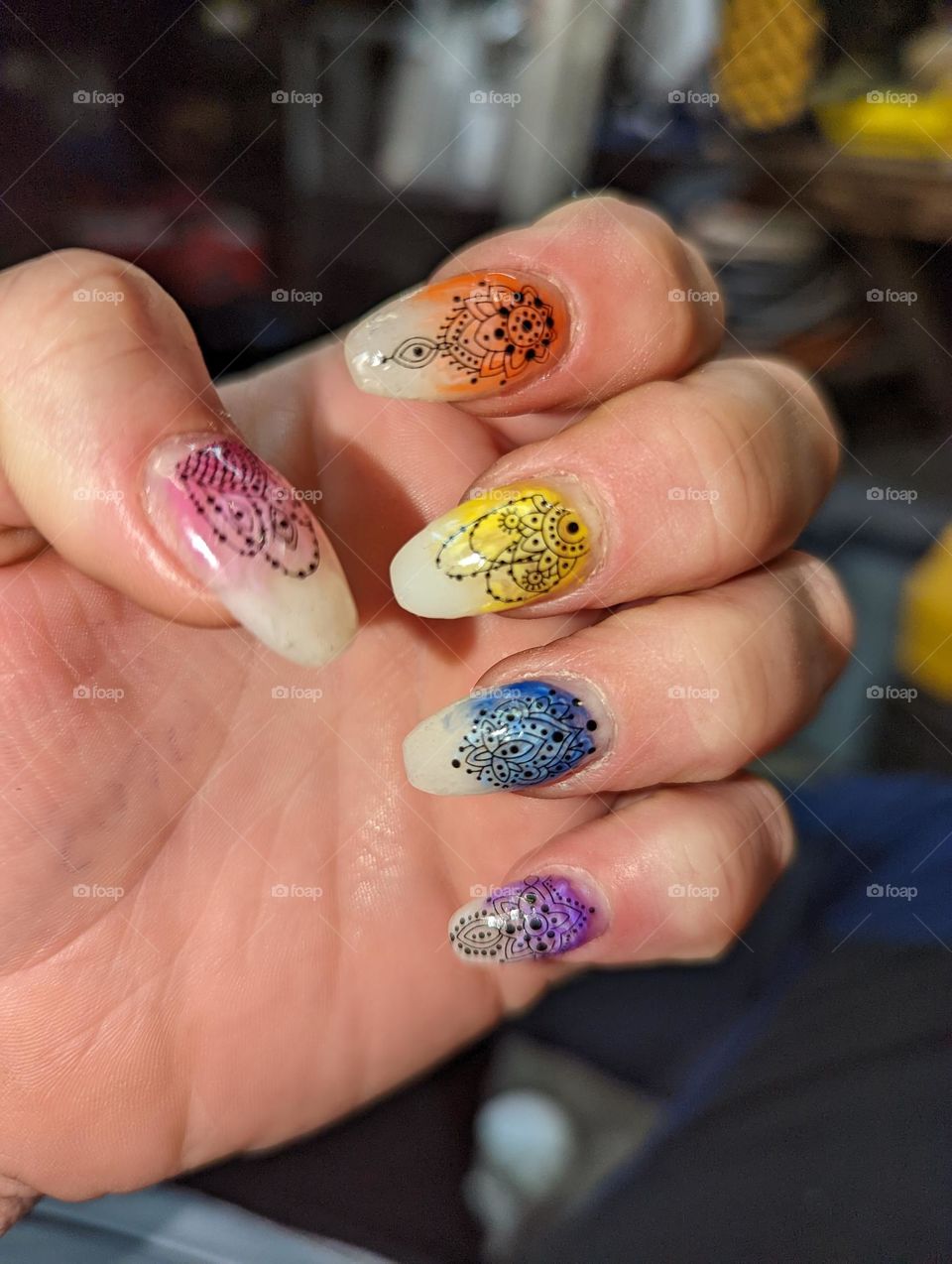 simple rainbow nails with chandelier decals