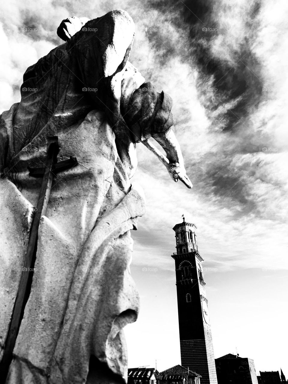 Sculpture and tower from the rooftop, Verona