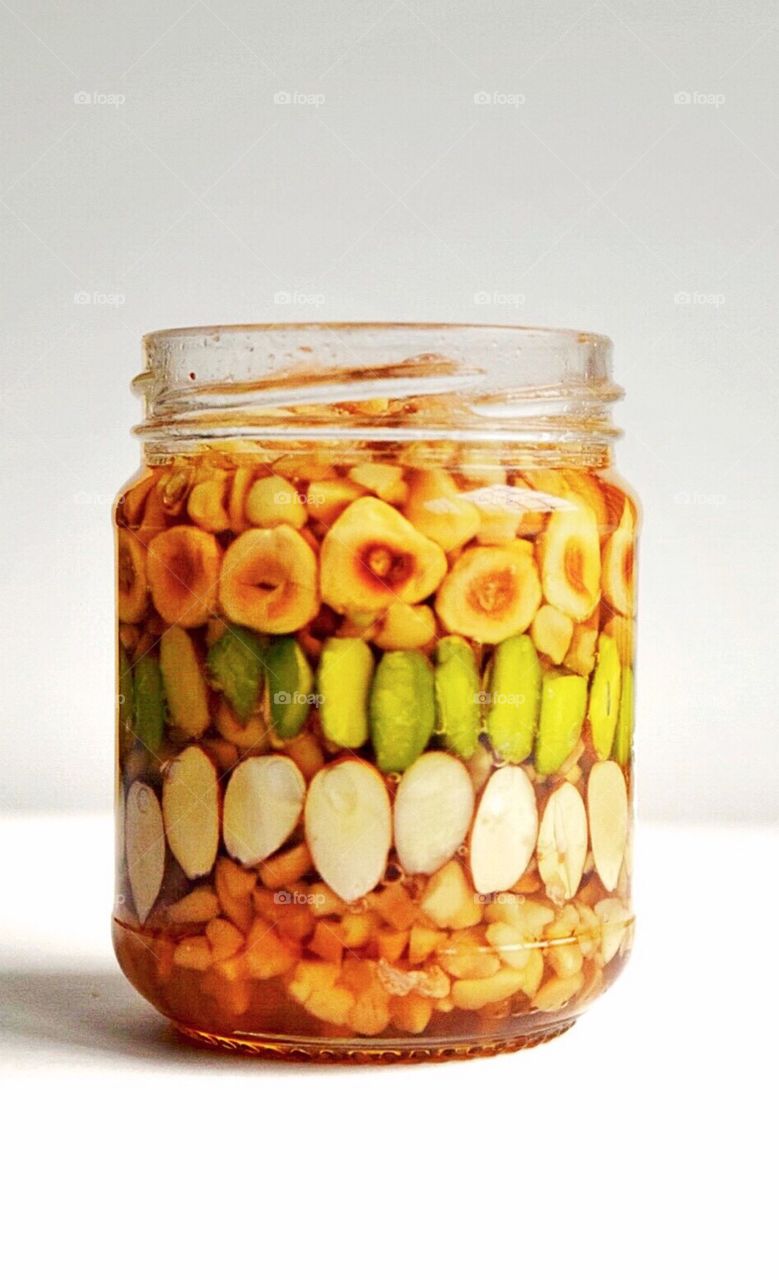 Jar of honey and nuts 