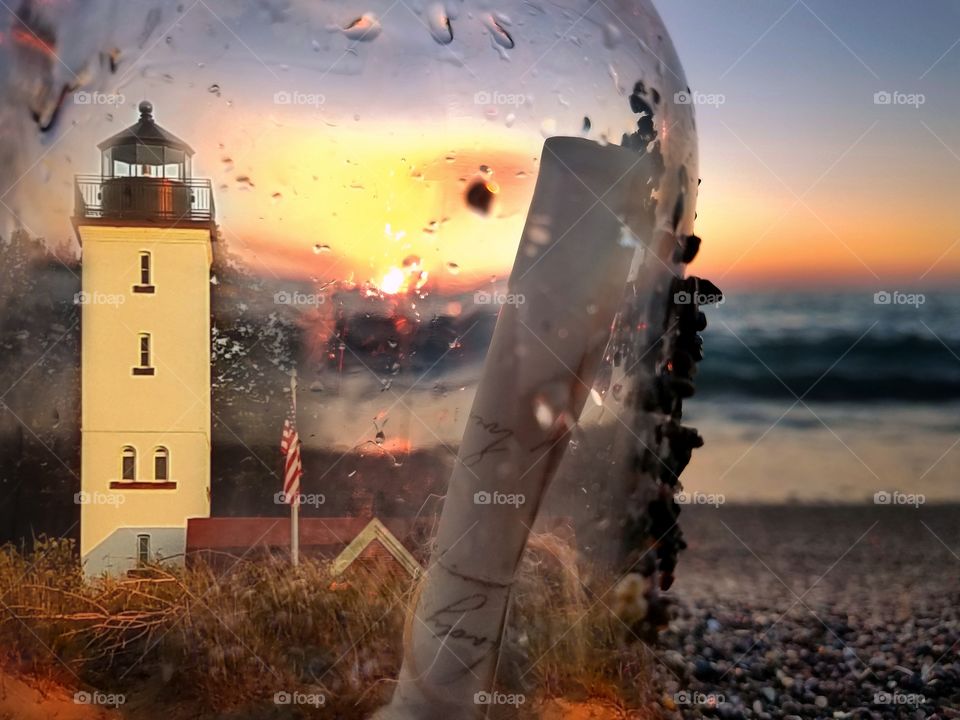Lighthouse in a bottle. Double exposure.