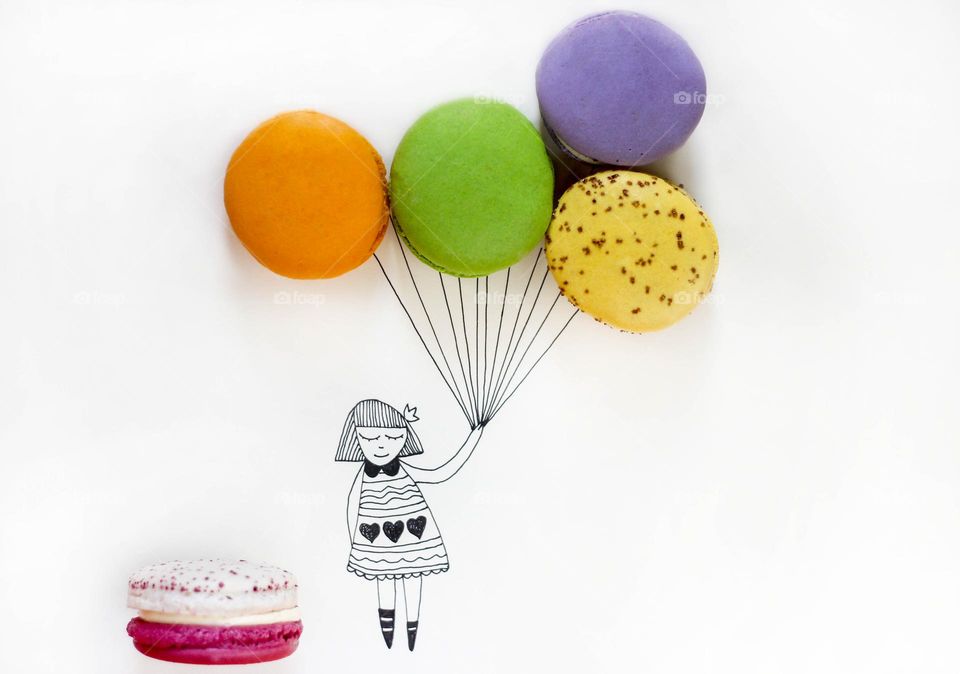 My illustration of a girl holding balloons of macarons