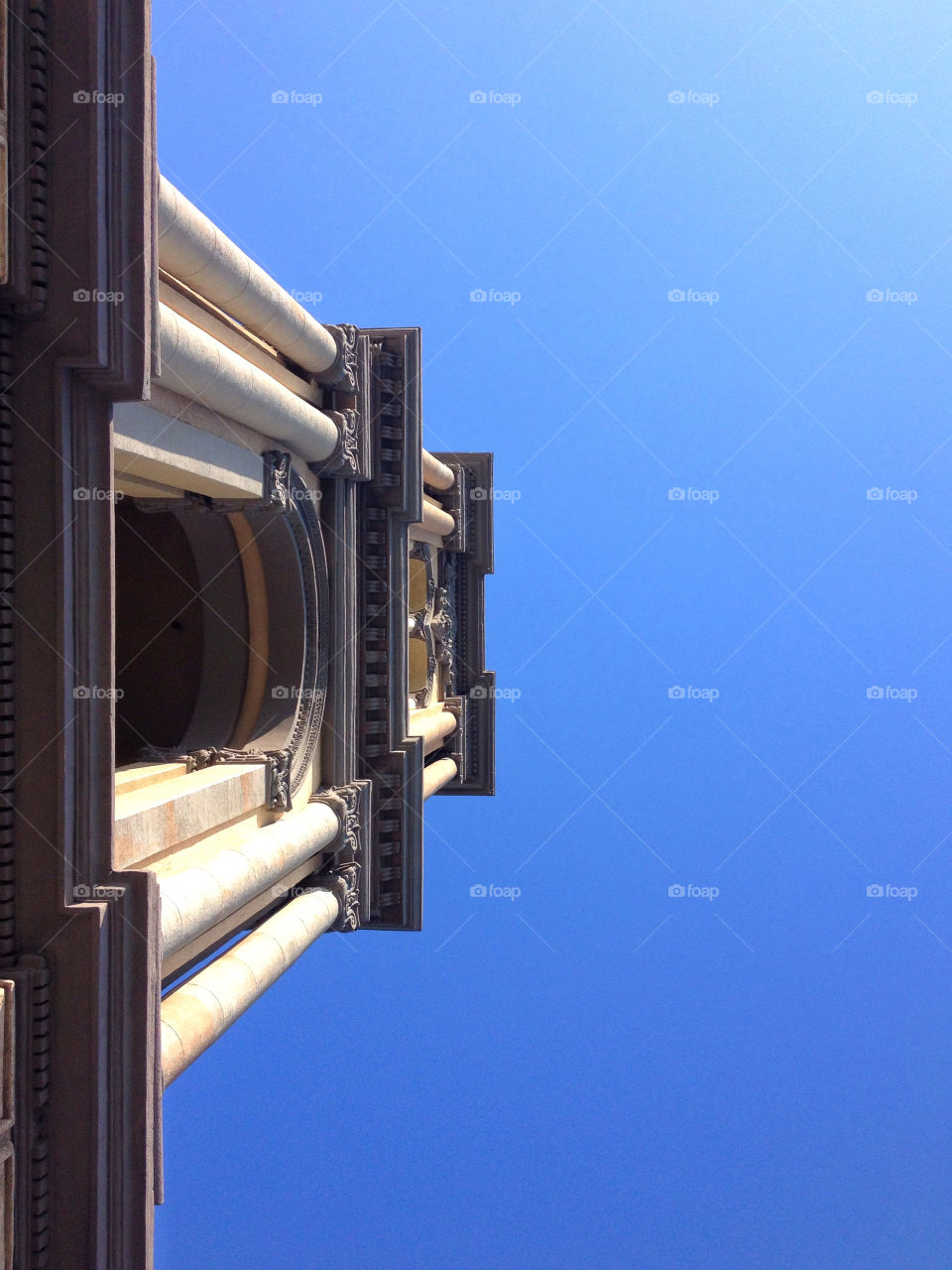 Church bell tower and bright blue sky