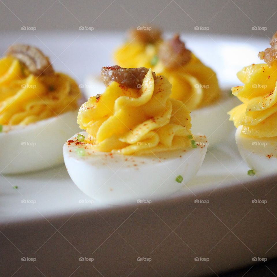 Deviled Eggs. Whipped Butter Deviled Eggs with Duck Cracklings 