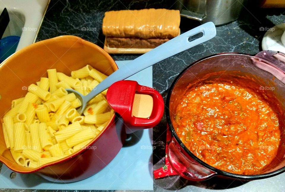 Traditional American Food, rigatoni spaghetti & tomato sauce  spaghetti sauce. Ready to serve meal.