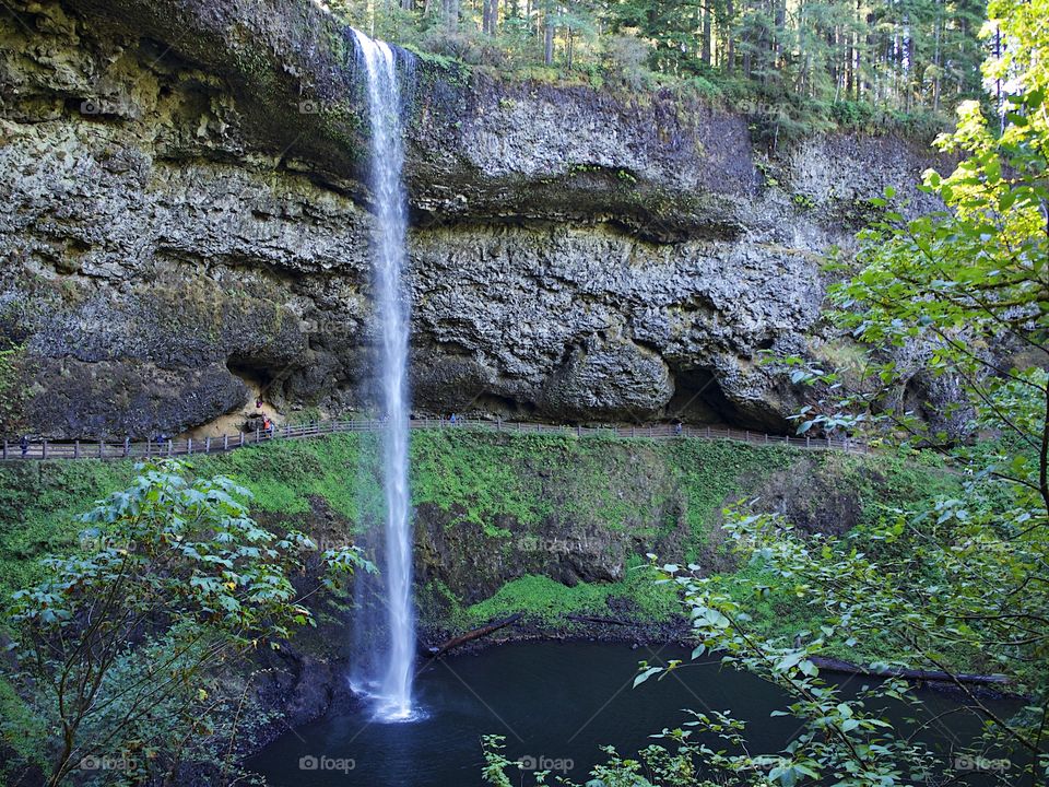 South Falls in Silver Falls State Park in Western Oregon goes over its textured cliff on a fall day. 