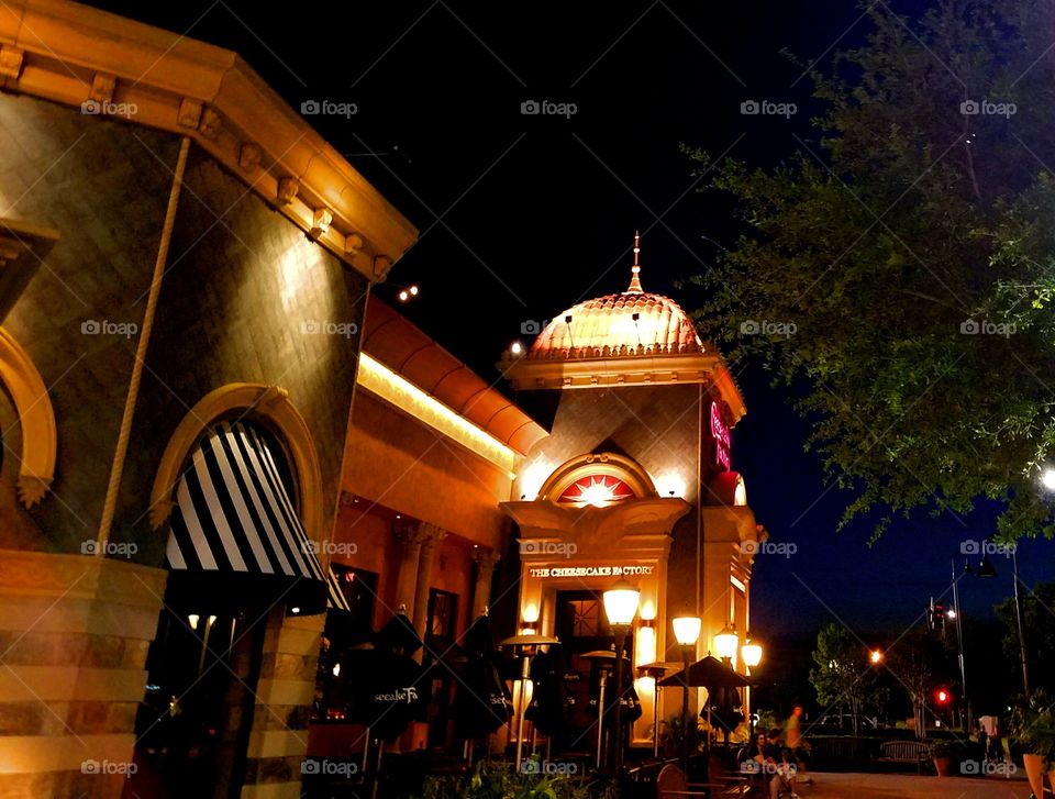 Bright lit restaurant at night