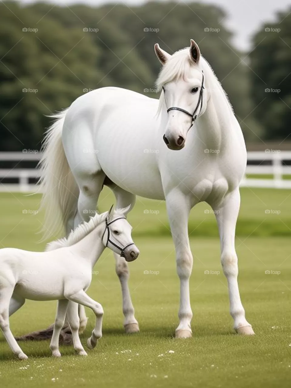 Beautiful white mare with her little foal