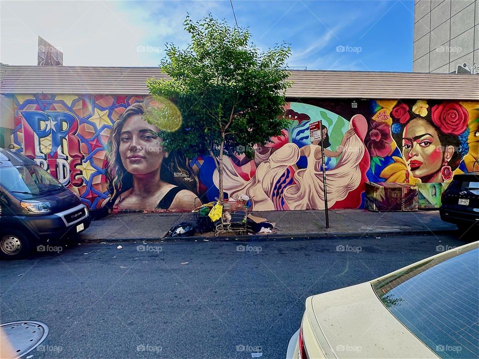 This is a colorful art mural on “Jefferson St” by “Myrtle Ave” and “Broadway” in “Bushwick”, Bklyn next to the popular club restaurant “La Lupe”. It celebrates the Latin culture and extends over nearly an entire city block. 2024. Hypnotic Productions