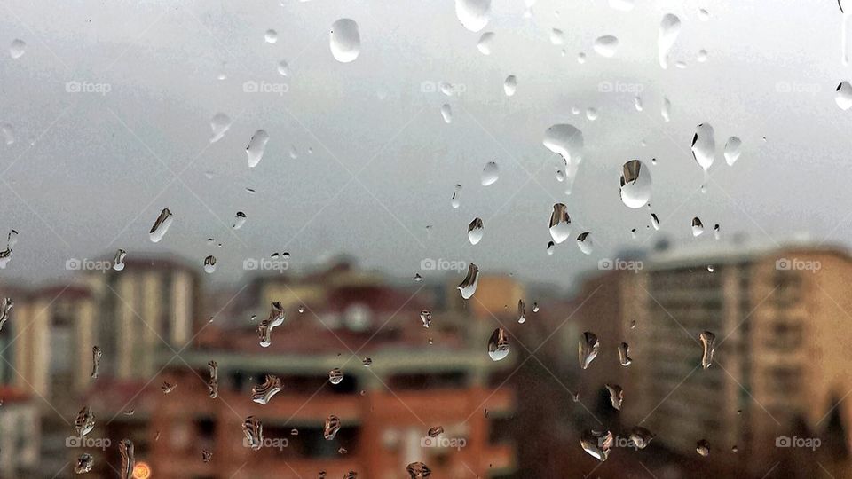 rain, window, glass,drop,water,City, winter, watch,building,road,house, roof,