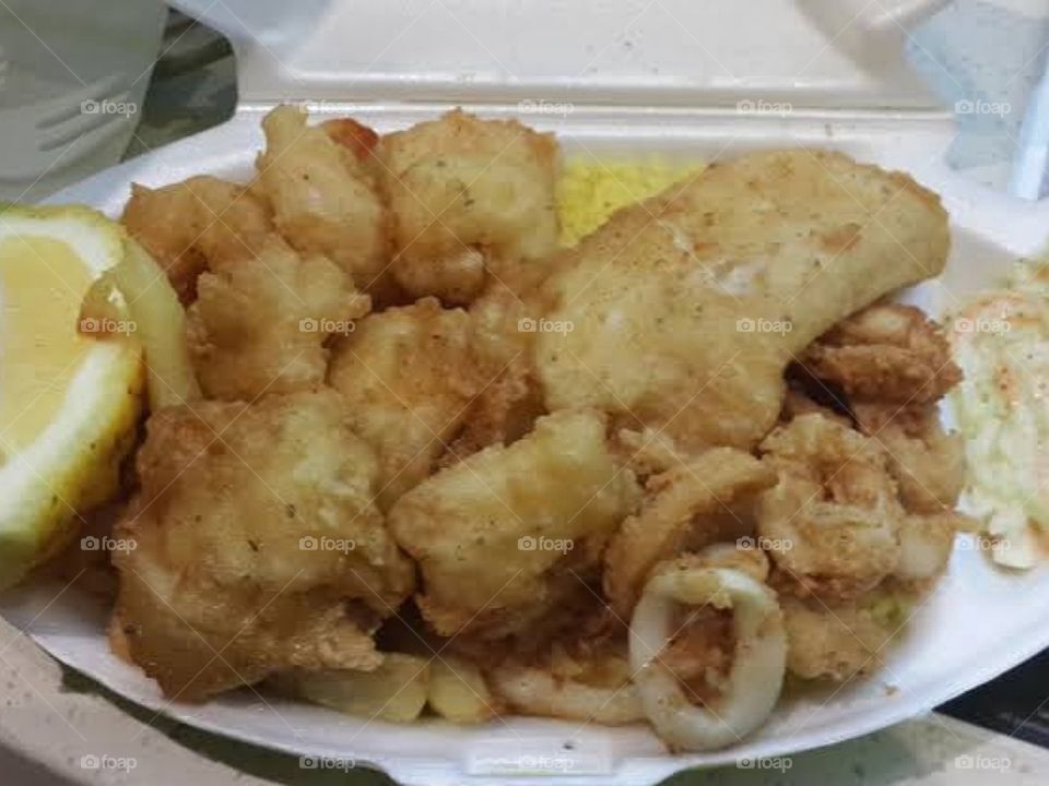 Fish and Chips and Calamari with Rice